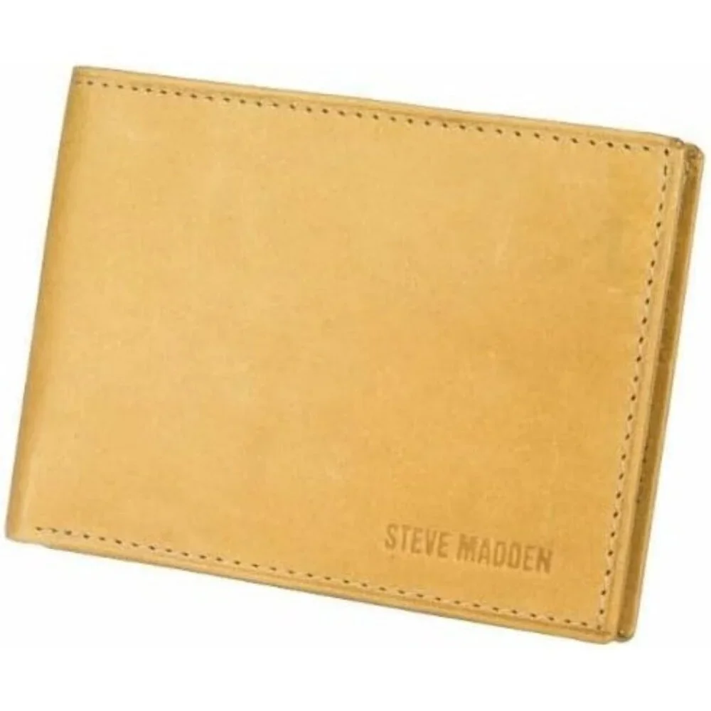 Men's Yellow Attached Flip Pockets Genuine Leather Wallet Card Extra Capacity
